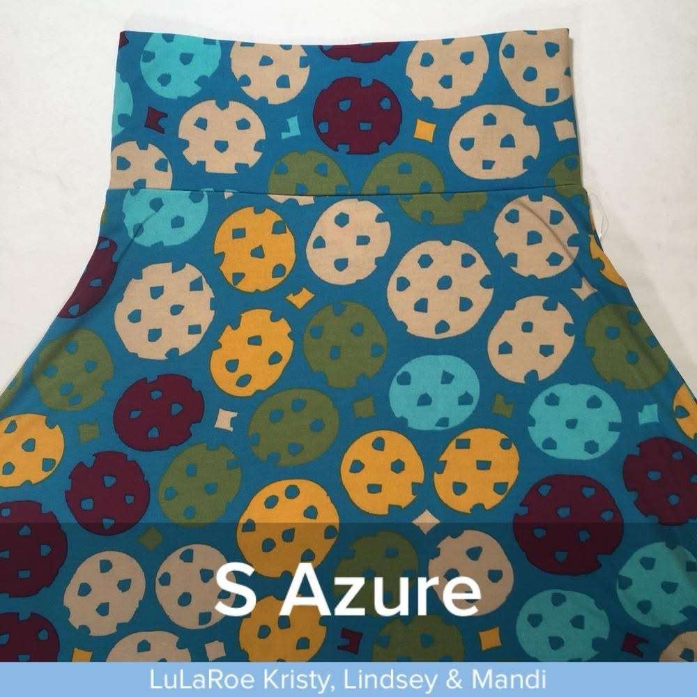 LuLaRoe Azure Skirt - Blue, Yellow, Red Fun Cookie Pattern